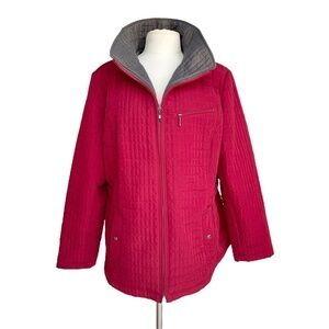 ST JOHN BAY Jacket Plus Sz 1X Red Gray Collar Full Zip Quilted Lined Snap Pocket